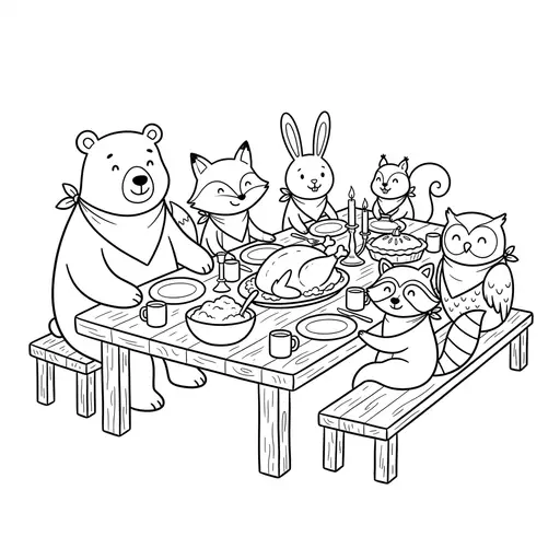 Thanksgiving Coloring Page — Animals Sharing a Feast
