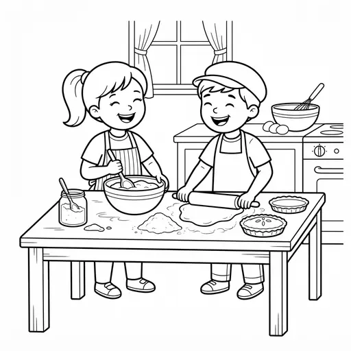Thanksgiving Coloring Page — Children Baking Pies in Kitchen