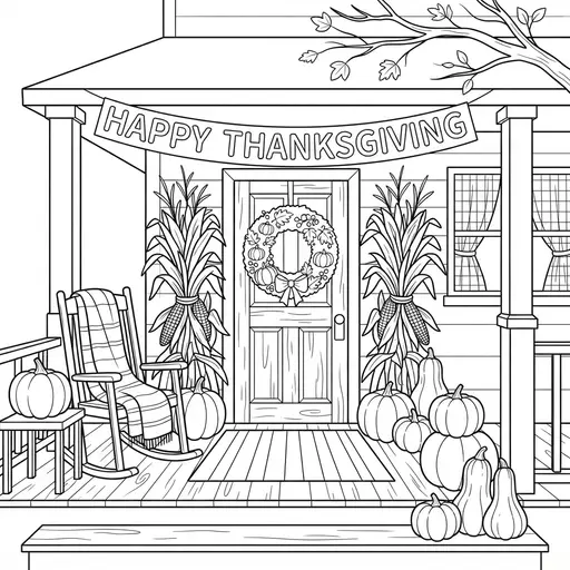 Thanksgiving Coloring Page for Adults — Cozy Porch with Pumpkins and Wreath