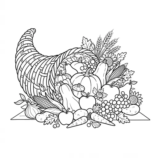 Cornucopia Coloring Page for Adults — Overflowing with Harvest Fruits and Vegetables
