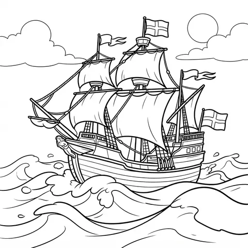 Mayflower Coloring Page for Adults — Sailing on Rough Waves with Flags