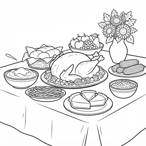 Thanksgiving Coloring Page for Adults — Feast Spread With Turkey And Pies