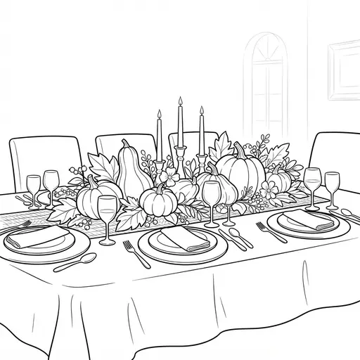 Thanksgiving Coloring Page for Adults — Elegant Setting With Gourds and Candles