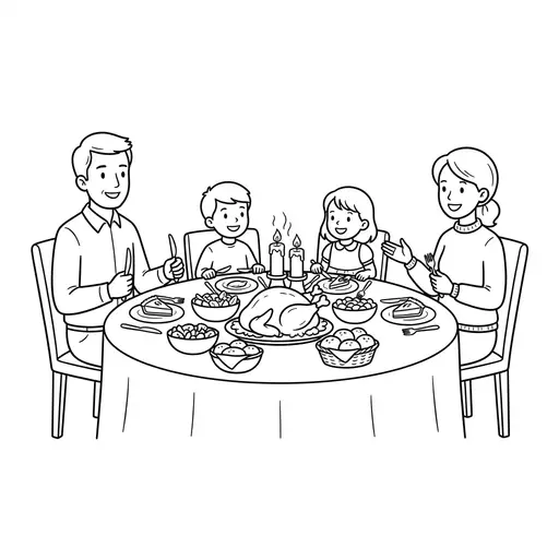 Thanksgiving Coloring Page — Family Assembled Around the Festive Table