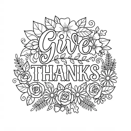 Thankful Coloring Page for Adults — Decorative Hand Lettering with Flowers and Leaves