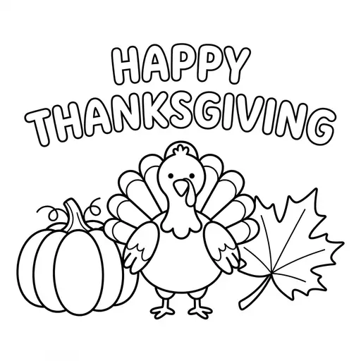 Thanksgiving Coloring Page — Happy Thanksgiving with Pumpkin and Leaf