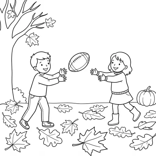 Football Coloring Page — Playing in Autumn Leaves