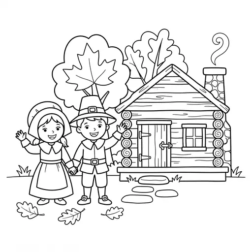 Pilgrim Coloring Page — Children Waving by Log Cabin
