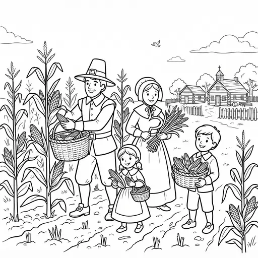 Pilgrim Coloring Page for Adults — Family Harvesting Corn in a Field