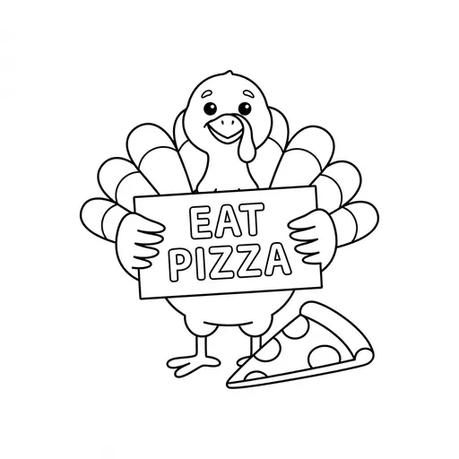 Turkey Coloring Page — Holding an Eat Pizza Sign