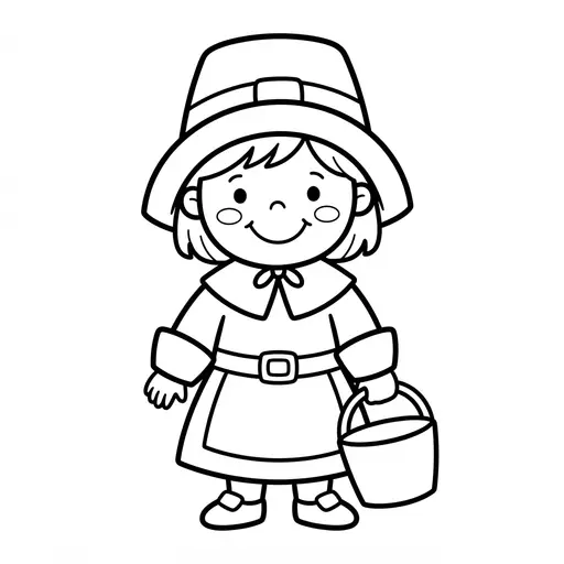 Easy Pilgrim Coloring Page — Smiling Child Holding a Bucket