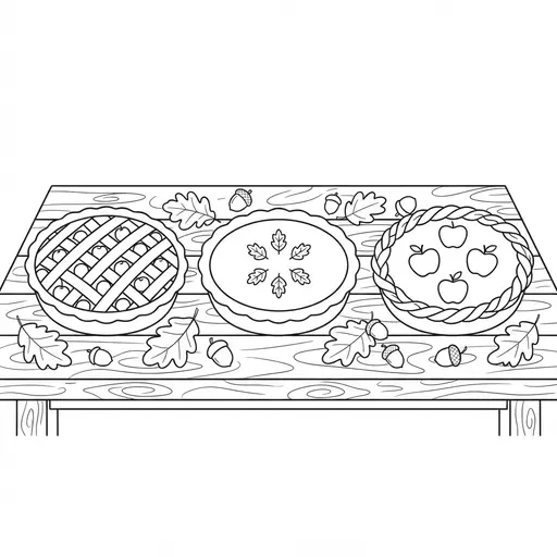 Pumpkin Pie Coloring Page — Three Pies on a Table