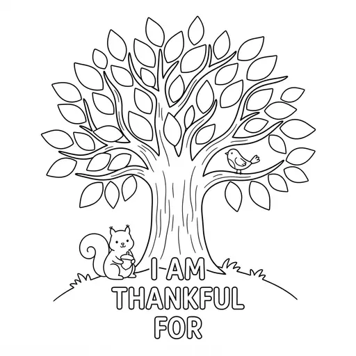 Thankful Coloring Page — Thankful Tree with Squirrel and Bird