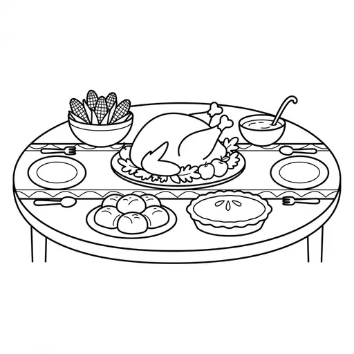 Thanksgiving Coloring Page — Feast Table With Turkey and Pie
