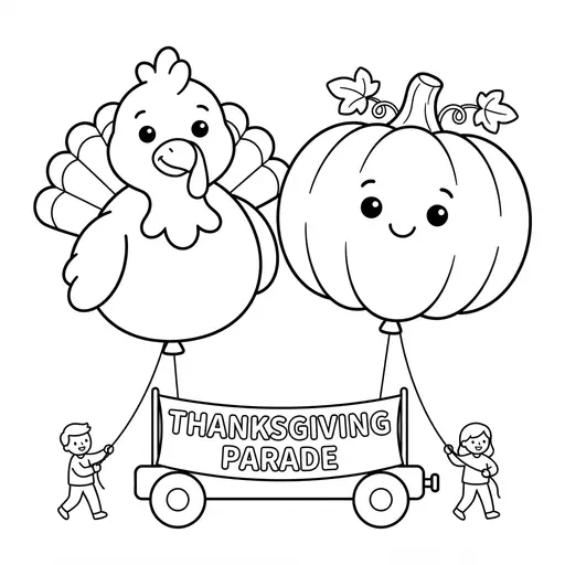 Thanksgiving Coloring Page — Parade Balloons with Banner