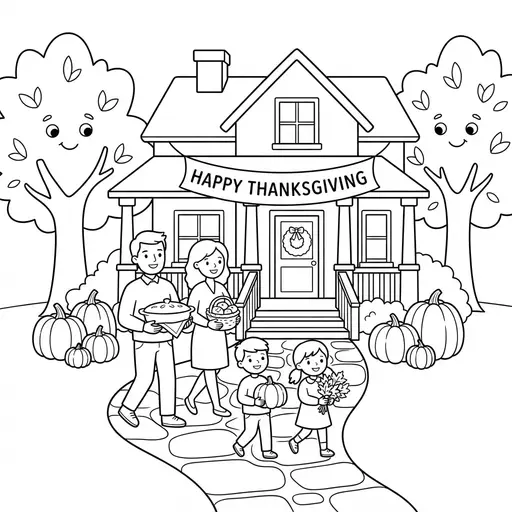 Thanksgiving Coloring Page — Family Arriving at House with Pumpkins