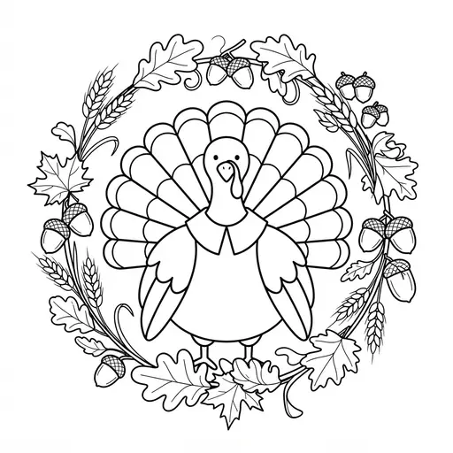 Turkey Coloring Page for Adults — Surrounded by Autumn Wreath