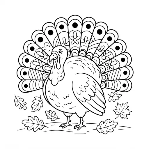 Turkey Coloring Page for Adults — Ornate Tail Feathers and Fall Leaves