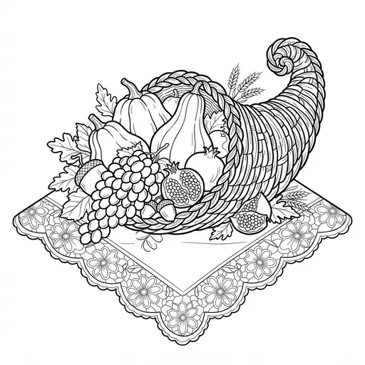 Cornucopia Coloring Page for Adults — Filled With Gourds and Fruit on Lace