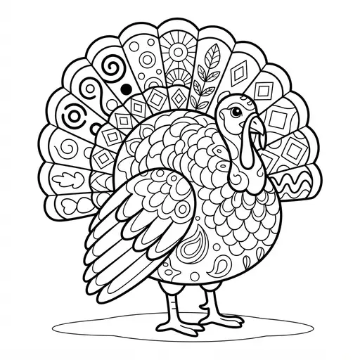 Turkey Coloring Page for Adults — Zentangle Patterns on Body and Feathers