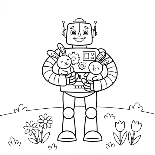 Robot Coloring Page — Holding Two Small Bunnies