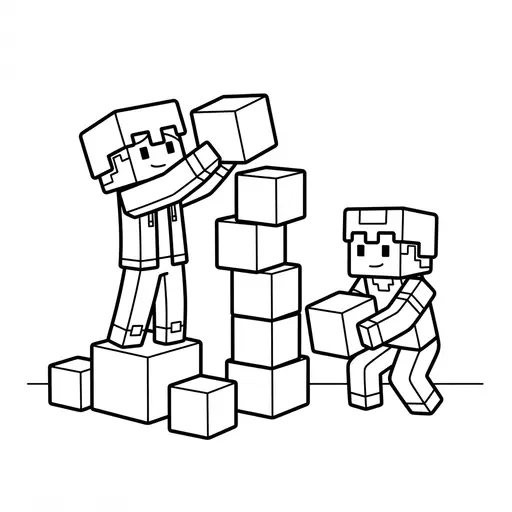 Video Game Coloring Page — Blocky Characters Building Tower