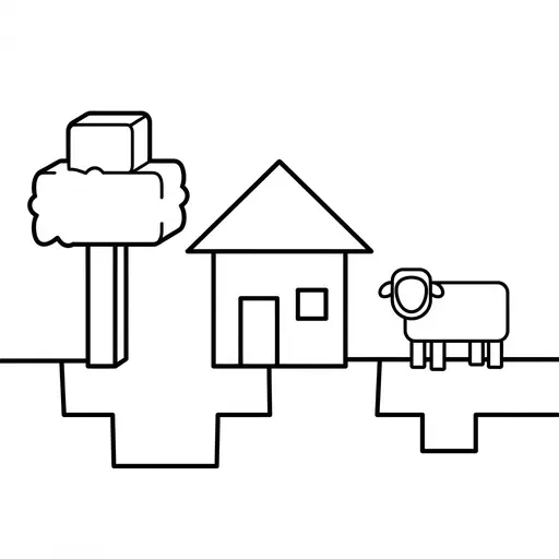 Video Game Coloring Page — Blocky World with House and Sheep