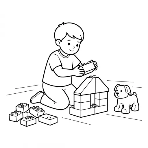 Toy Brick House Coloring Page — Building a House with a Puppy