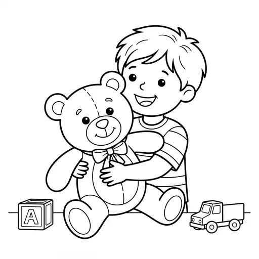 Teddy Bear Coloring Page — Hugging a Toy