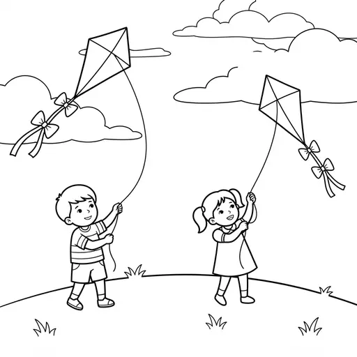 Kite Coloring Page — Flying Kites on a Windy Hill