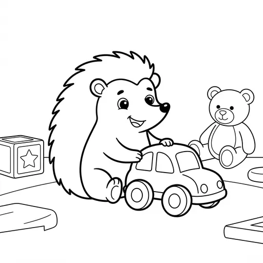 Hedgehog Coloring Page — Playing With A Toy Car