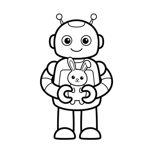 Easy Robot Coloring Page — Holding a Small Bunny