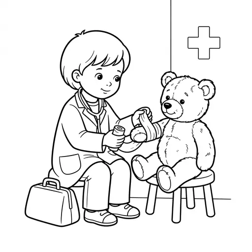 Doctor Coloring Page — Bandaging a Teddy Bear Arm