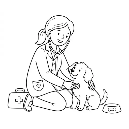 Doctor Coloring Page — Examining a Puppy with Stethoscope