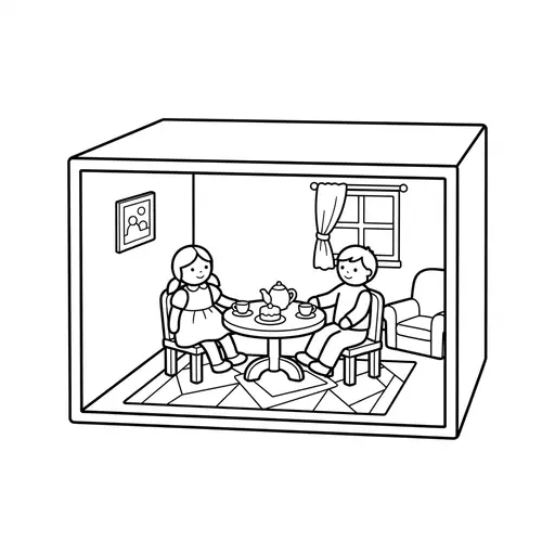 Doll Coloring Page — Dolls Having Tea in Living Room