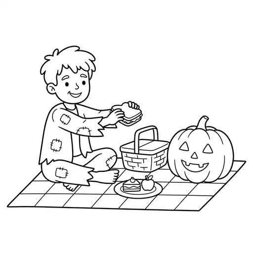 Zombie Coloring Page — Having a Picnic with a Jack o Lantern