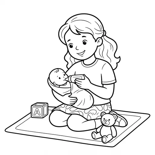 Doll Coloring Page — Feeding With A Bottle