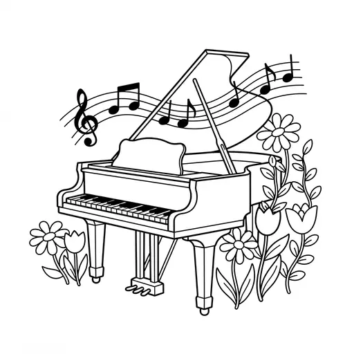 Piano Coloring Page — Surrounded by Flowers and Music Notes