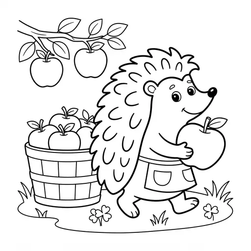 Hedgehog Coloring Page — Holding an Apple by a Basket