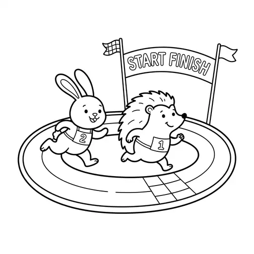 Hedgehog Coloring Page — Racing a Rabbit on a Loop Track