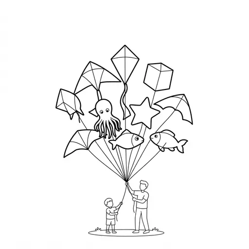 Kite Coloring Page — Holding Many Kites of Various Shapes