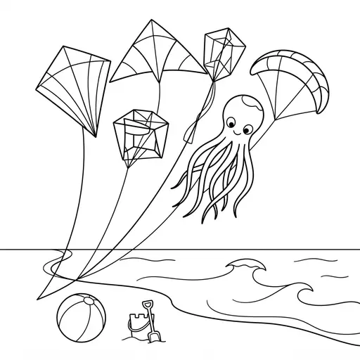 Kite Coloring Page — Flying with an Octopus over a Beach