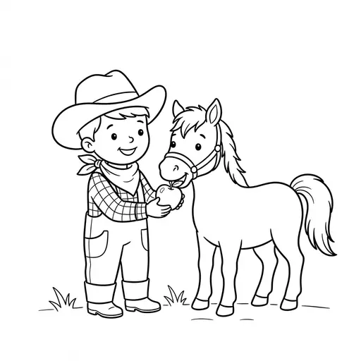 Cowboy Coloring Page — Feeding an Apple to His Pony
