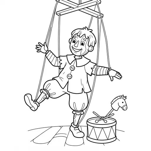 Puppet Coloring Page — Dancing with Drum and Toy Horse