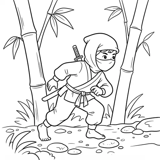 Ninja Coloring Page — Sneaking Through Bamboo Forest