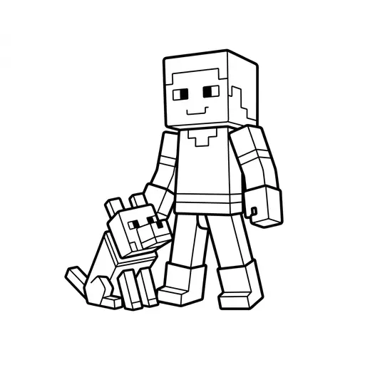 Pixel Art Coloring Page — Block Character Standing with a Wolf