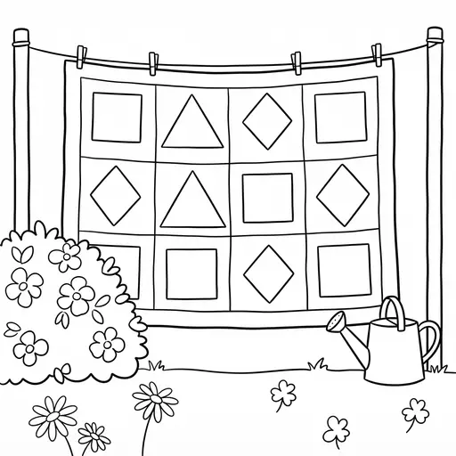 Quilt Coloring Page — Hanging on a Line in a Garden