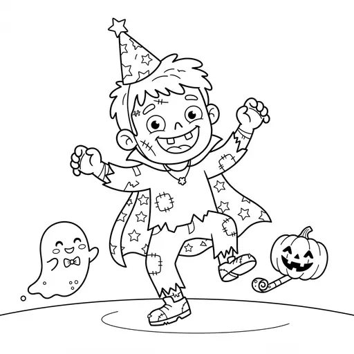 Zombie Coloring Page — Dancing With Ghost And Pumpkin