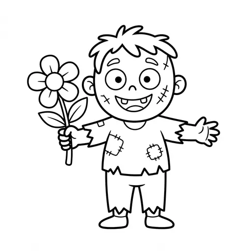 Easy Zombie Coloring Page — Holding a Single Flower