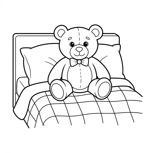 Teddy Bear Coloring Page — Sitting on a Bed with Pillows